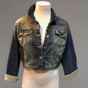 Boho Hippie Festival CHIC Cropped Layering
Dark Wash Jean Jacket Womens sz L